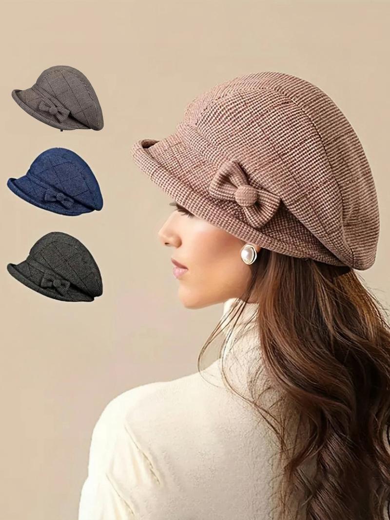 Women's Elegant Plaid Pattern Bow Decor Beret, Casual Trendy Matching Hats for Fall & Winter, Fashion Accessories for Women & Girls