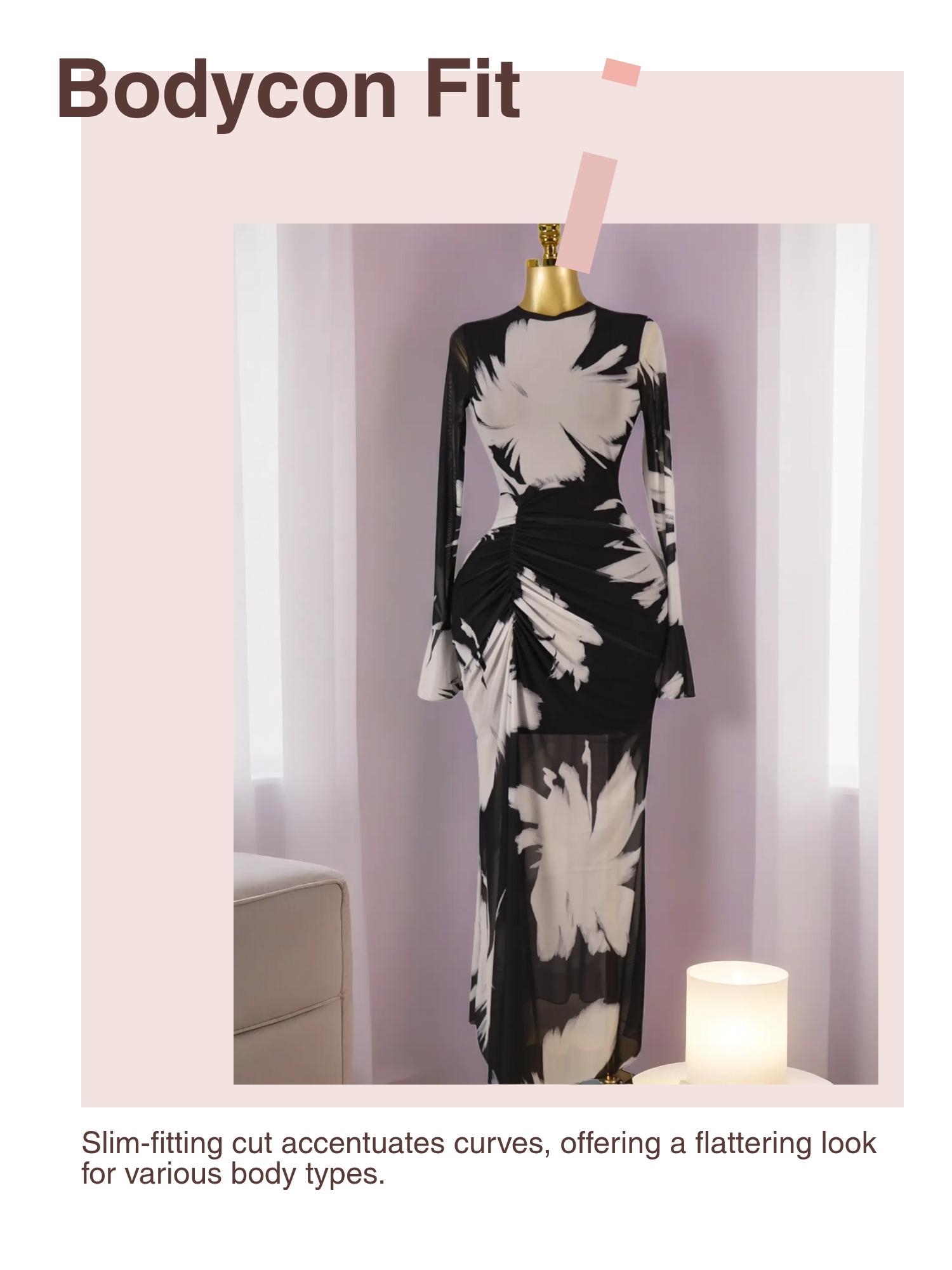 PULKRITU Elegant Women's All Over Print Long Sleeve Ruched Long Prom Dress, Fashion Evening Gown, Ladies Casual Dresses for Vacations and Parties, Female Brunch Dresses, Graduation Dress, Bodycon Dress, Cocktail Dress, Evening Party Gown
