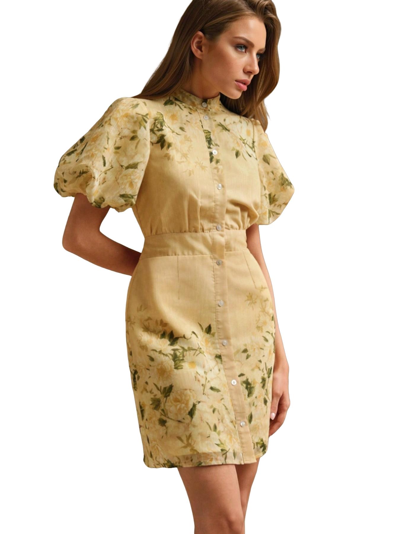 Round Neck Bubble Sleeve Print Button Front A-Line Vacation Dress, Short Skirt for Summer, Casual & Stylish Women's