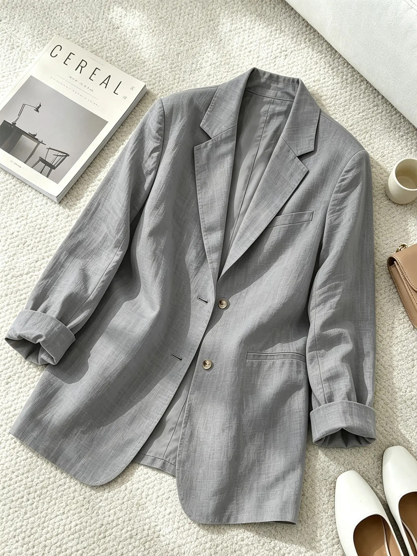 A women's fashionable minimalist blazer imperial style solid color suit jacket with a lapel and two button buttons, long sleeved slimming design suitable for autumn and winter, suitable for leisure commuting, business, office, shopping