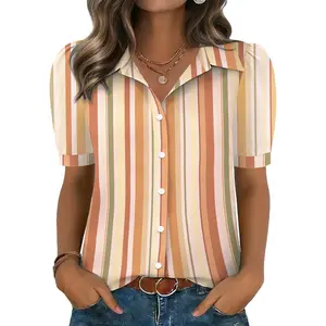 Women Button Down Shirts Puff Short Sleeve Blouses Chiffon Tops Business Casual Outfits Summer Clothes