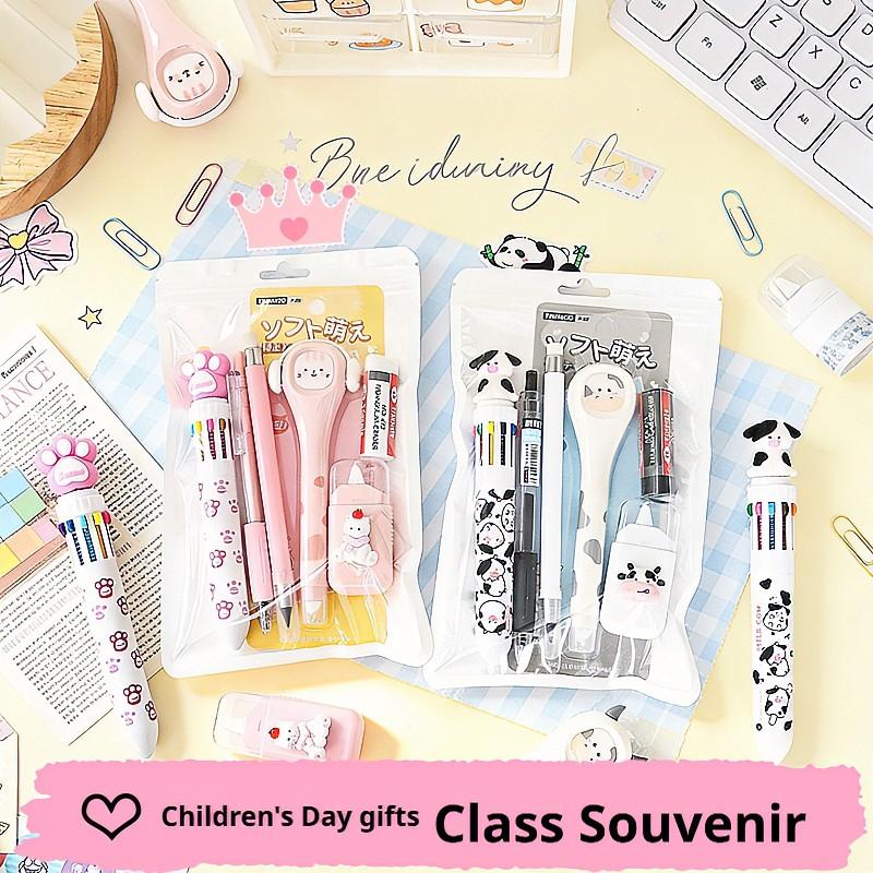 6/12 pcs Creative Theme Stationery Set, Includes Ten Color Pens, Eraser, Neutral Pen, Pencil, Correction Tape, Cow and Cat Themes, Multifunctional Writing Tools, Ballpen Set, Perfect Office & Study Supplies for Children's Day gift
