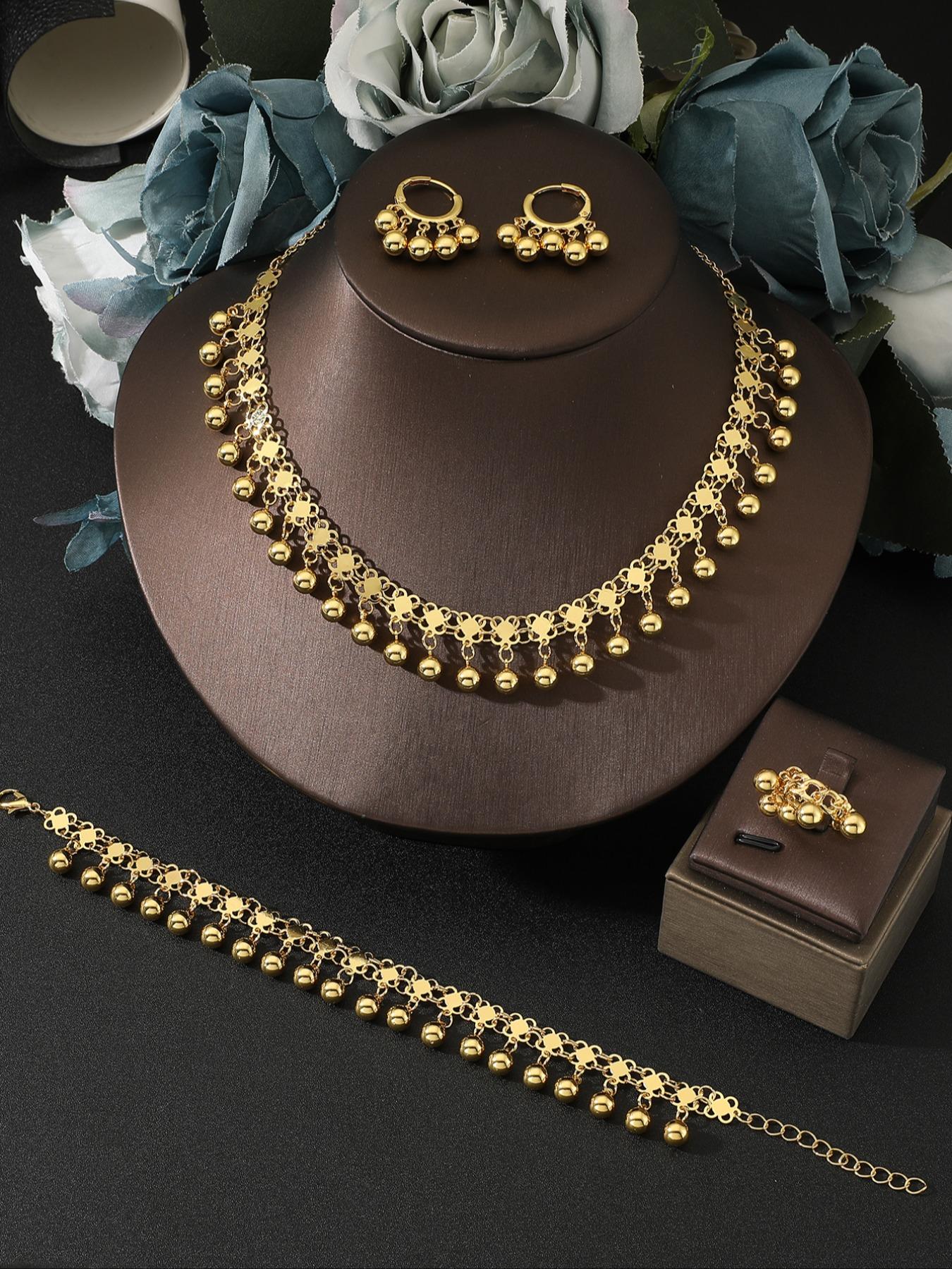 3 Piece Vintage Gold Bead Bell Necklace Set, Women's Unique Long Sweater Chain, Bridal Party Jewelry Gift, Casual Style