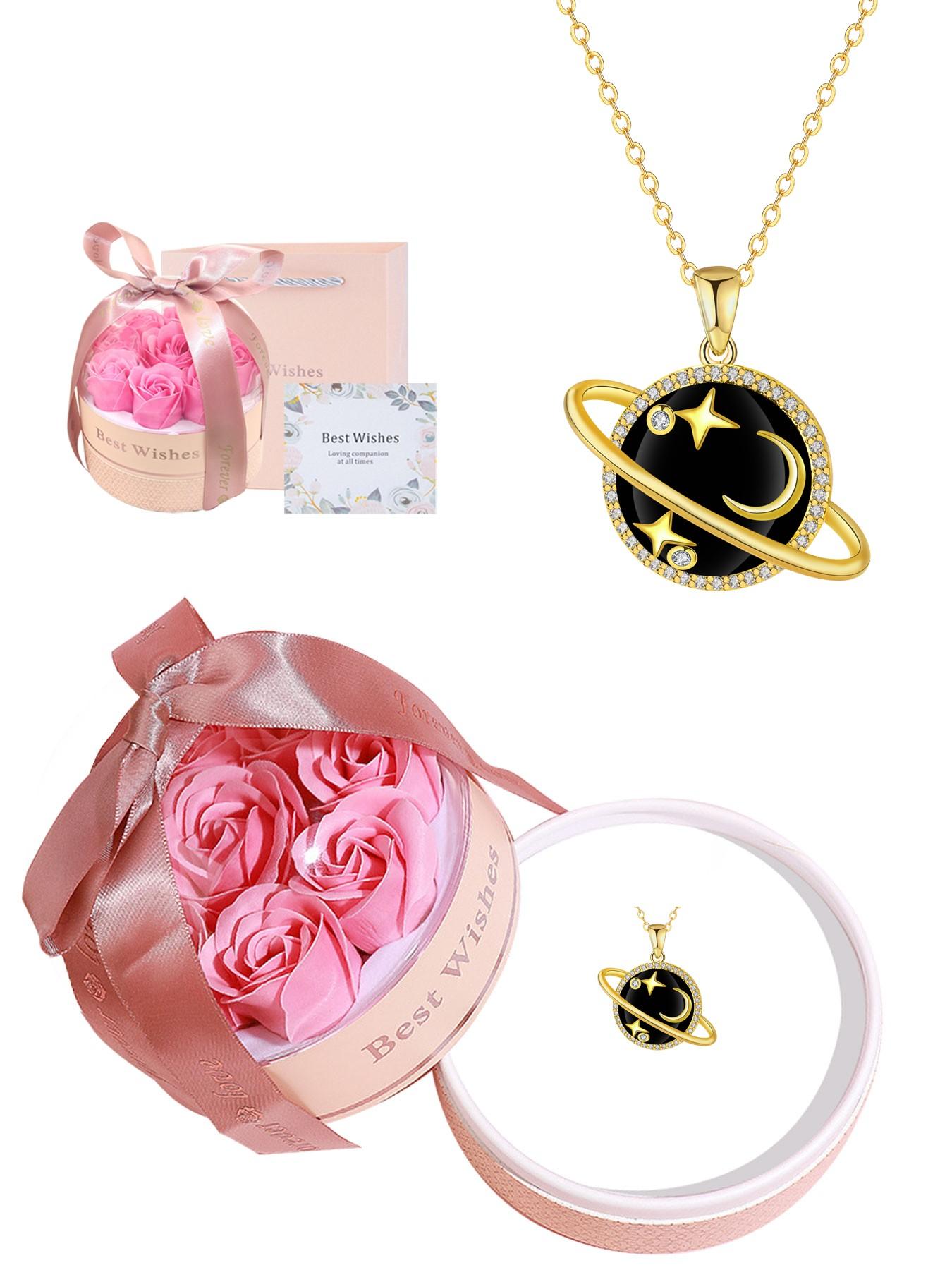 Diamond Saturn Pendant Necklace, 18k Gold Plated Low Allergy, Ideal Jewelry Gift for Mother's Day, Anniversary, Includes Gift Box