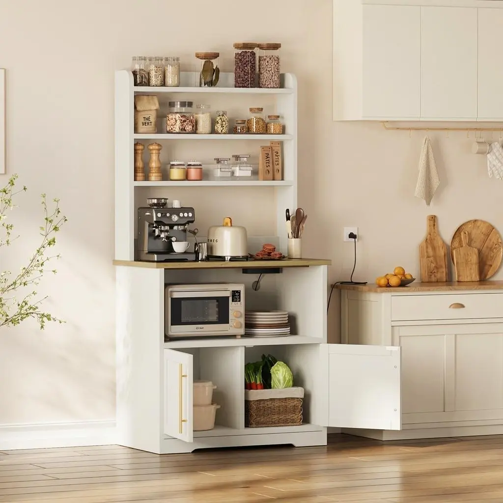 Kitchen Bakers Rack with Power Outlet, Microwave Oven Stand with Operation Table, Tall Versatile Storage Shelf with Cabinet, Coffee Bar Cabinet for Dining Room, Kitchen, Retro Color