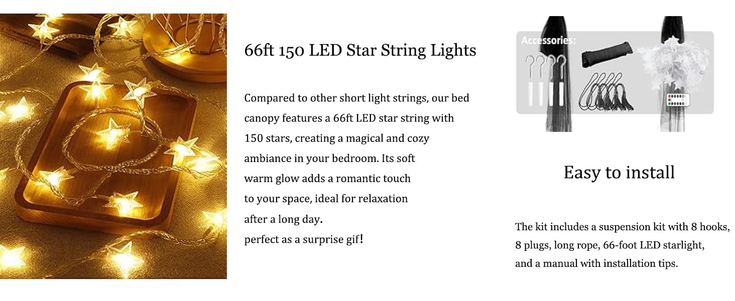 Classic Black Grid Pattern Bed Mosquito Net Curtains with 66ft LED Star String Lights for Starry Night Bedroom Use, 86.6"W x 79"L x 102"H 4-Opening Insect Shield, Fits King/Queen/Full Beds, King Size Fit