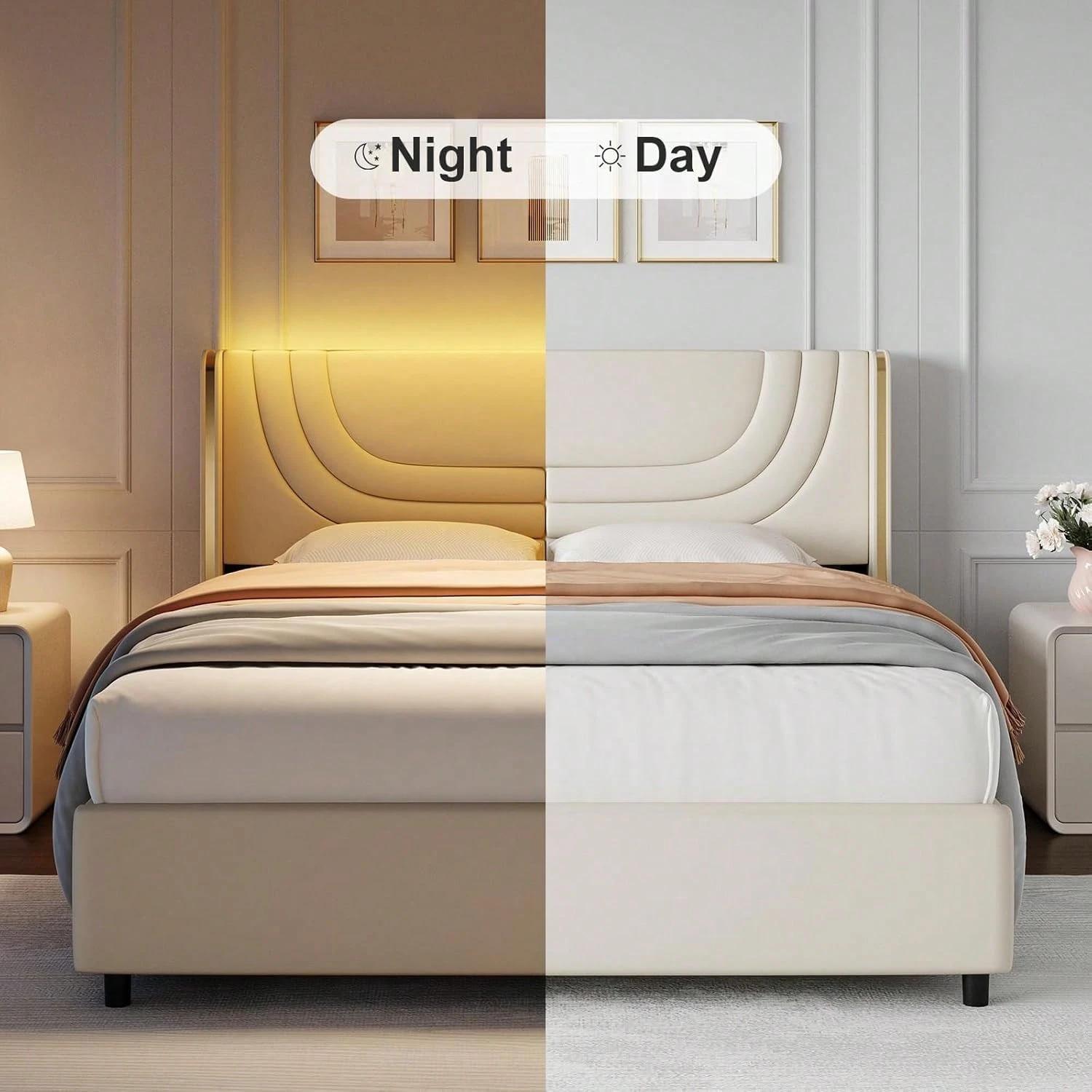 Twin/ Full/ Queen Bed Frame With Patterned Wingback Headboard, Upholstered Bed Frame With LED Lights, Modern Platform Bed Frame With Metal Accents Wingback, No Box Spring Needed, Easy Assembly, Pink/ Beige/ Black, Twin Bed Frame Full Bed Frame Bed, Queen