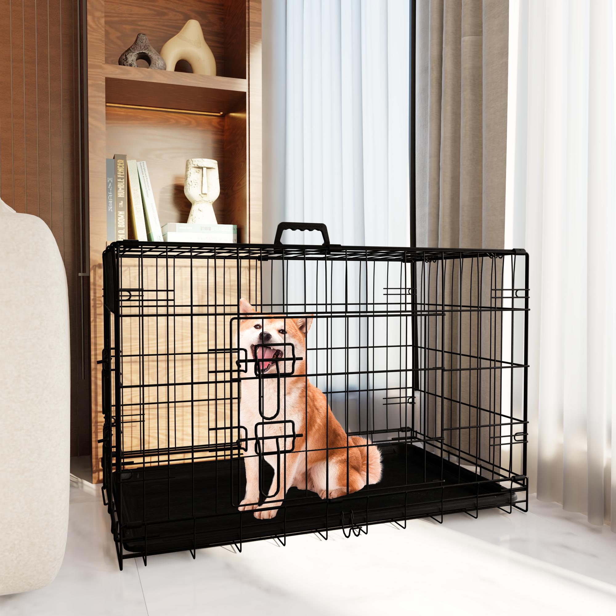 【TikTokShopfalldealsforyou】Foldable Metal Dog Crate with Divider and Leak-Proof Tray, Double Door Wire Kennel for Medium to Large Dogs, Indoor Outdoor Travel Use, 30/36/42/48 Inch
