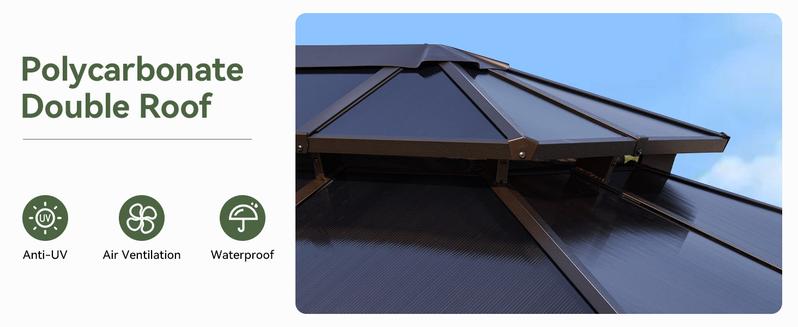 【2 Packages Shipping】Aoxun 10'x12' Hardtop Gazebo, Aluminum Frame Permanent Pavilion with Curtains and Netting, Outdoor Polycarbonate Gazebo, Double Roof Canopy, for Gardens, Patios, Lawns