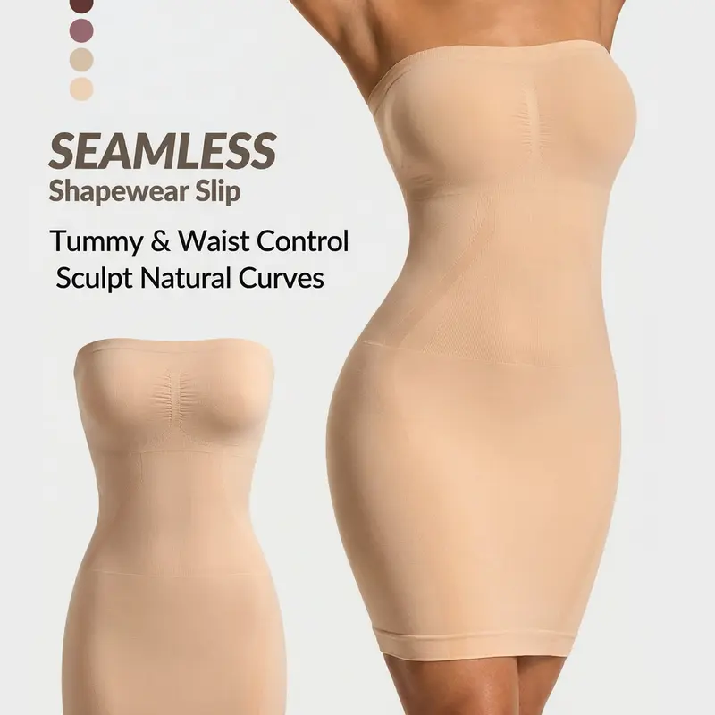 Women's Seamless Smooth Strapless Shapewear Slip, Body Shaper with Tummy & Waist Control, Compression Slip for Under Dresses, for Wedding, Bridal, and Formal Wear