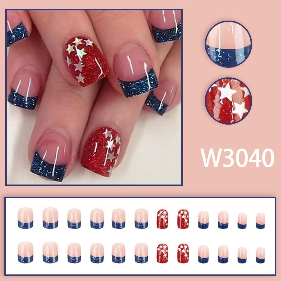 24-Piece Blue Glitter Star Nail Art Set, Full Size Fits, Holiday Atmosphere Wearable Nails, Independence Day Party/everyday Use