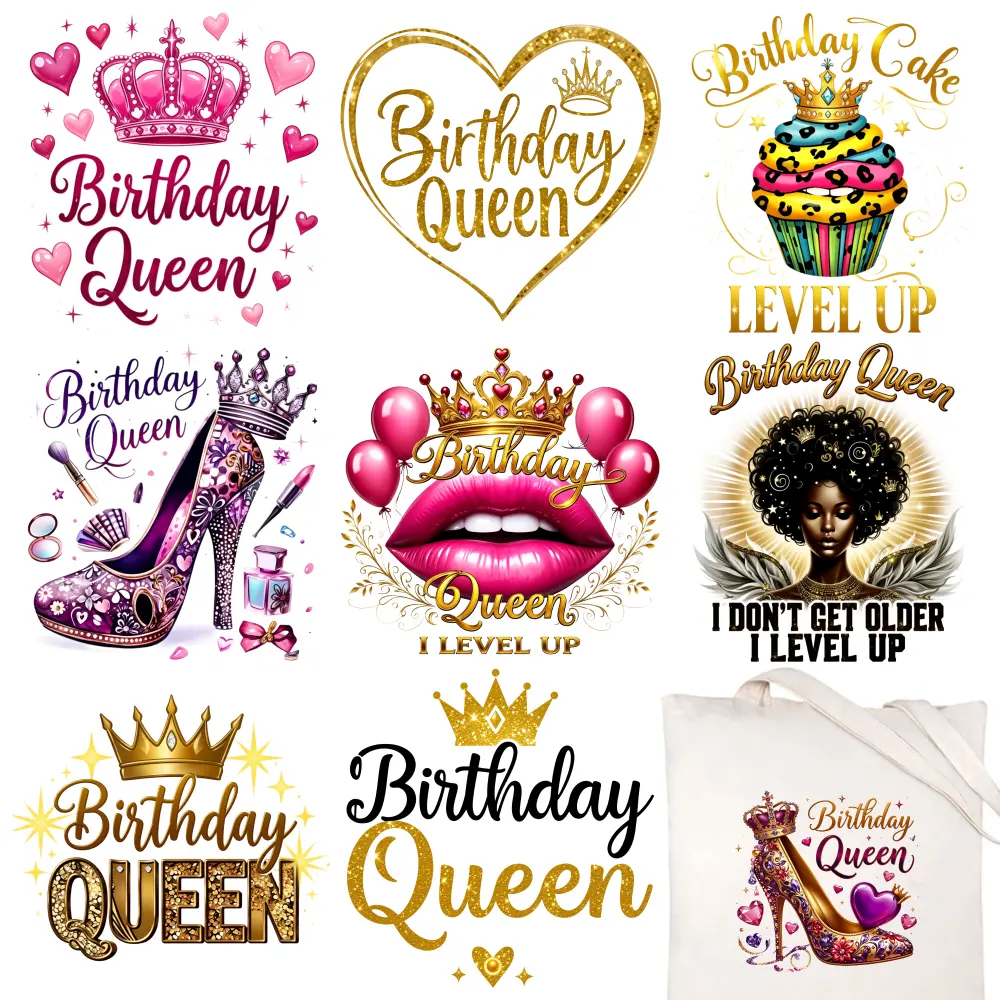 9 Pcs Birthday Queen Iron on Transfers Transfers Sticker On Clothes Iron On Transfer Patches iron on decals Easy to heat press decals for Clothing T-Shirt Jeans Applications Washable heat transfer stickers