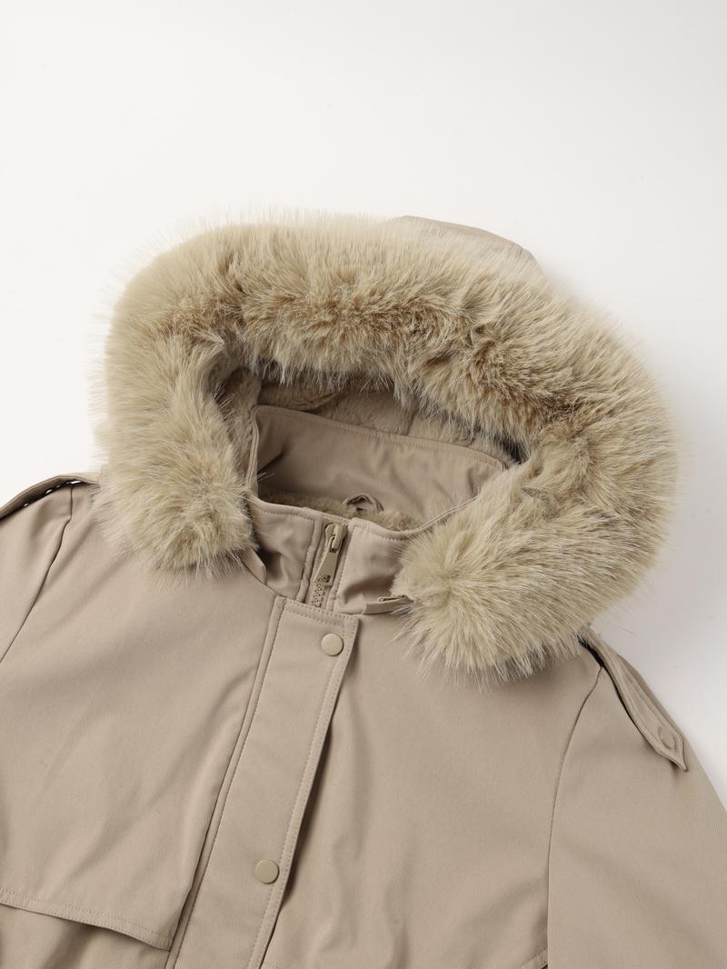 Women's Fall & Winter Faux Fur Hooded Coat, Long Drawstring Commuter Jacket, Casual Plain Design, Fitted Outerwear for Daily Wear