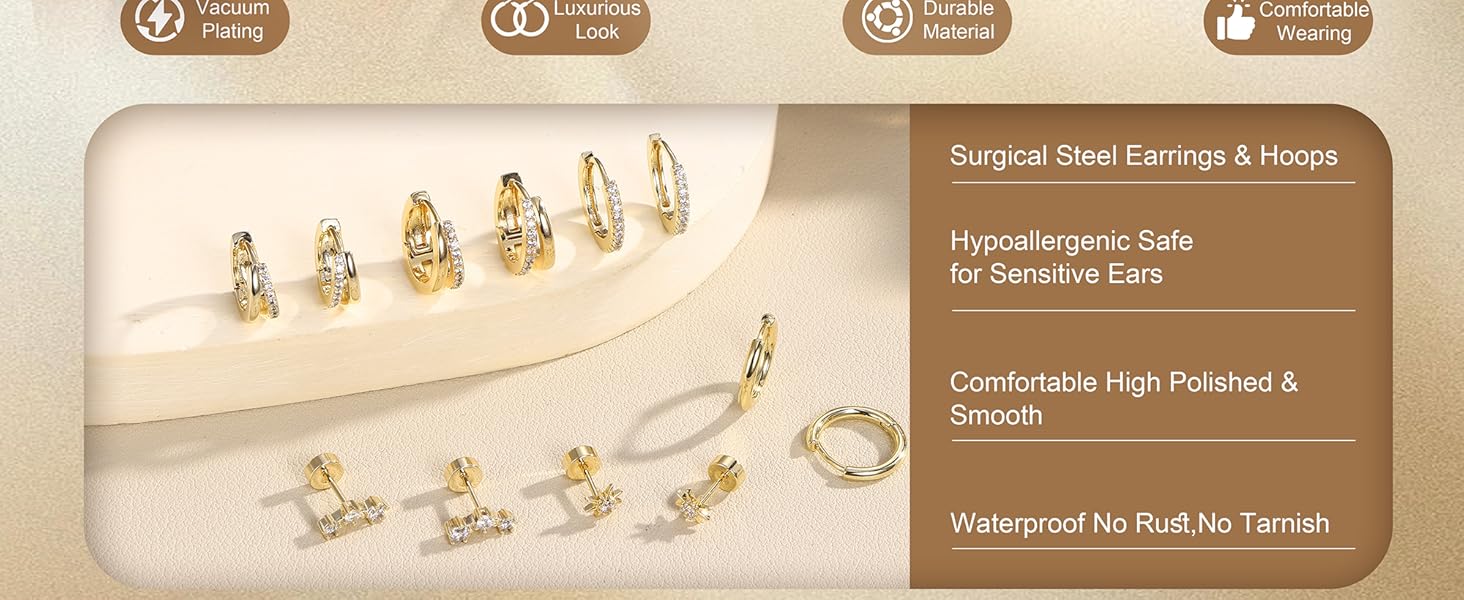 MILACOLATO 6 Pairs 14K Plated Gold Small Hoop Earrings for Women, Hypoallergenic Silver Stackable Cartilage & Stud Earring Set, Dainty Huggie Stacks Set for Multiple Piercings