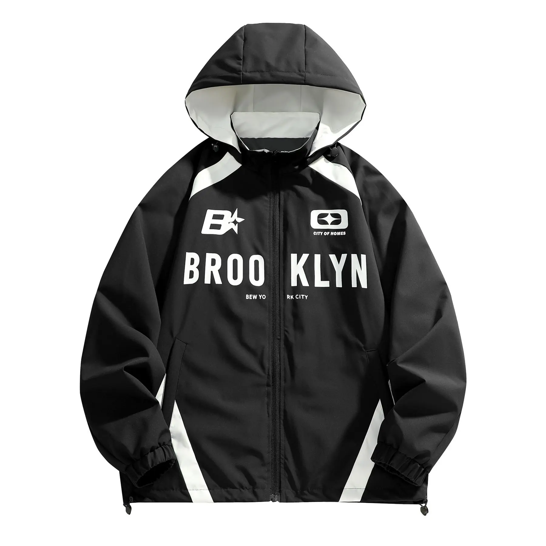 Men Black White BROOKLYN Letter Print Hooded Windbreaker Jacket Full‑Zip Color‑Block Hood Drawstring Hem Elastic Cuff Lightweight Wind‑Resistant Outerwear For Street Sports Spring Fall Mens Outer Jacket