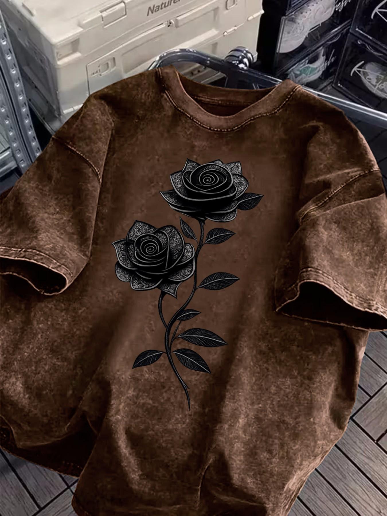 Cotton Short Sleeve Long T-Shirt, Floral Rose Flower Print Design, Loose Fit, Breathable, Street Casual Style, Perfect for Daily, Streetwear Fashion