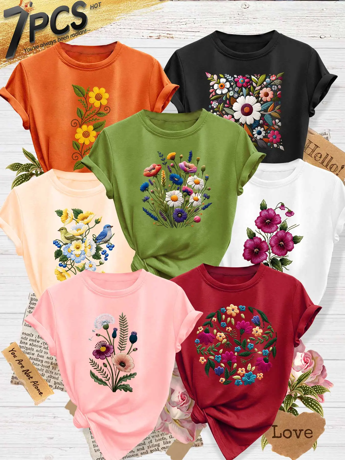 7Pcs Women Crew Neck T-Shirt, Vintage Watercolor Floral Print Daisies Wildflowers & Birds, Multi-color Available, Machine Washable, Soft Skin-friendly Spring Summer Daily Stylish Top, Casual Stylish Tee