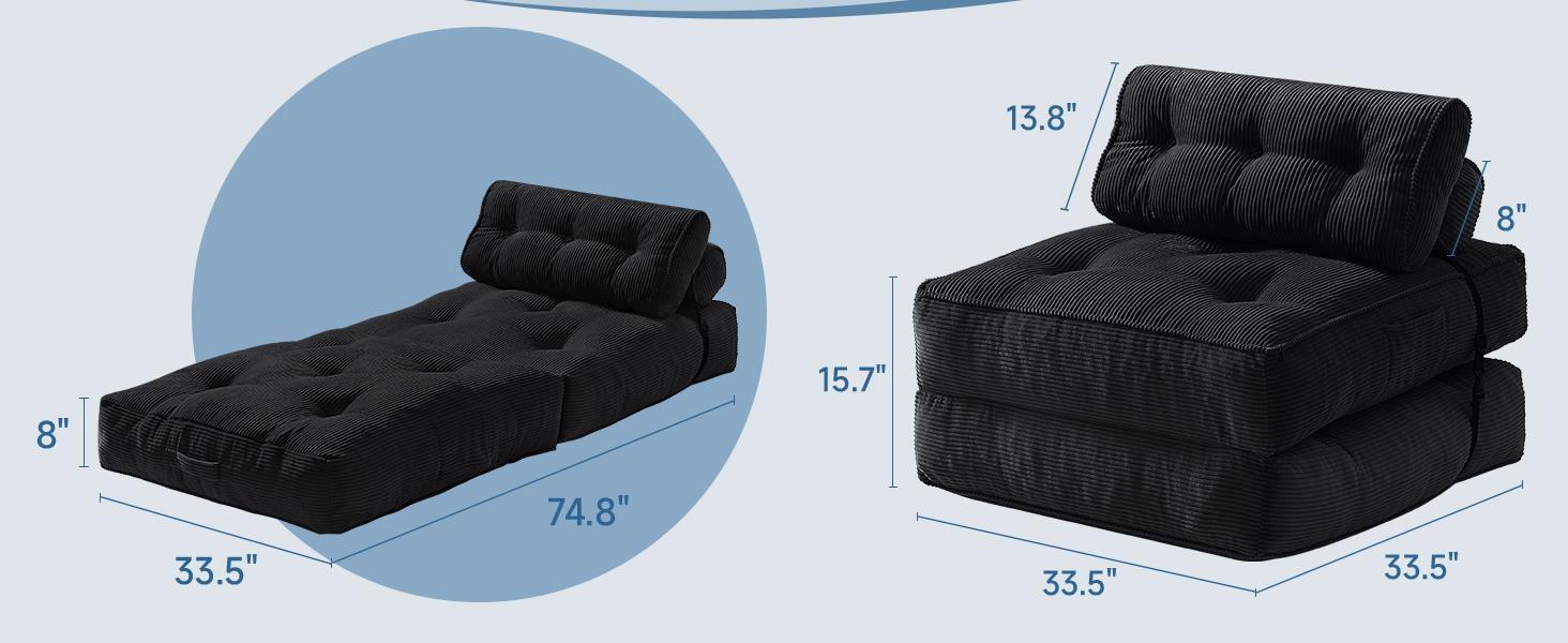 【SPOTLIGHT DAY】ONBRILL Folding Couch Sofa Bed, Convertible Sleeper Chair, Corduroy Portable 4 in 1 Fold Out Chair to Floor Lounger, Couches for Living Room, Single