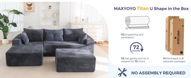 【2 Packages Shipping】MAXYOYO 104" Plush Corduroy Cloud Velvet Modular Boneless Couch with Chaise & Ottoman, No Assembly Required - U-Shaped Sectional Sofa Set with Flexible Configuration,  Oversized Sofa Sleeper with Deep Seat