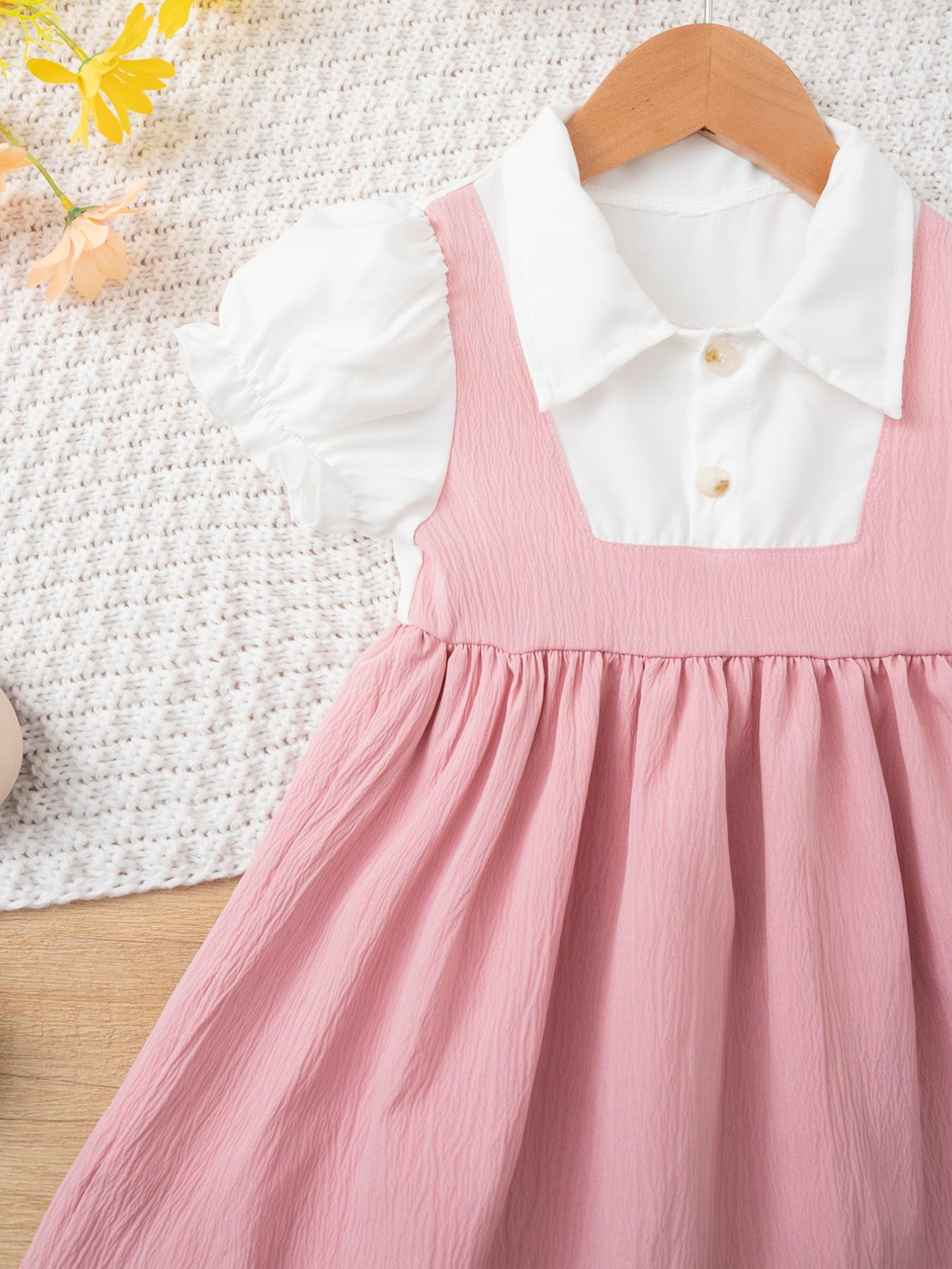 2pcs Girls' Summer Fashion Dress, Frilled Dress, Solid Colored Dress, Pure Color Princess Style, Sweet and Cute Design, Lapel Collar, Casual Wear for Kids