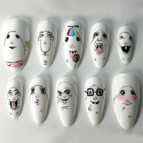 24PC Almond Shape Press On Acrylic Nails - Meme Faces Design, Medium Glossy Salon-Quality Reusable Nails, Funky Unique Bag Charm Accessory, Easy Application for Party Use, Gift-Worthy (Luggage & Bag Charm)