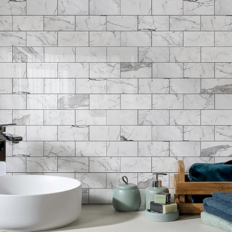 Vamos Tile 100Pcs Water Proof Glossy White Peel and Stick Backsplash,3''x6'' PVC Subway Tile, Stick on Backsplash for Kitchen/Bathroom Decoration Stickers Decorative Ornaments