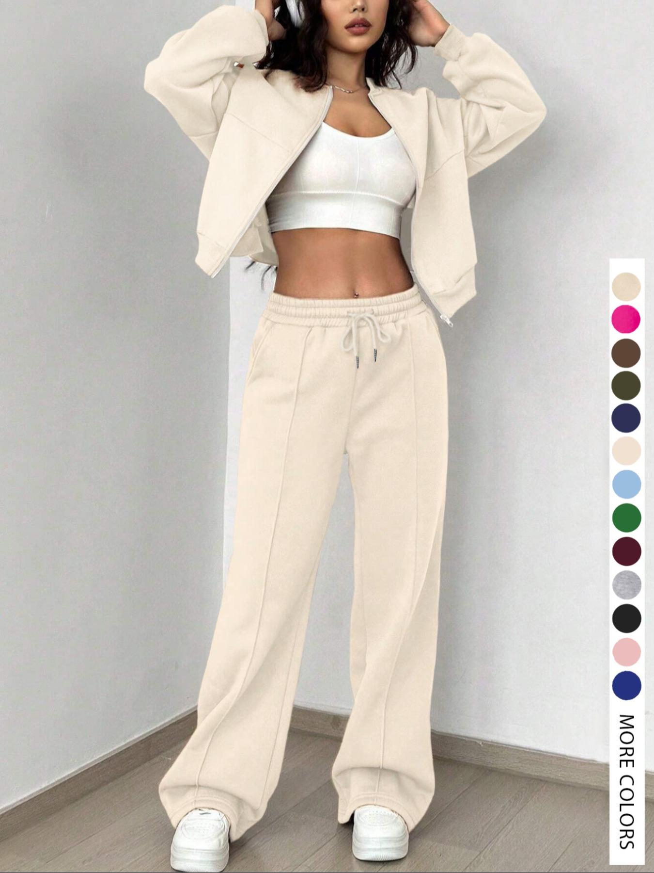 【LovelyWholesale】Women's Casual Striped Long Sleeve Zipper Jacket and Pants Set, Airport Wear, Fitted Natural Waist,Ladies Clothes for All Seasons
