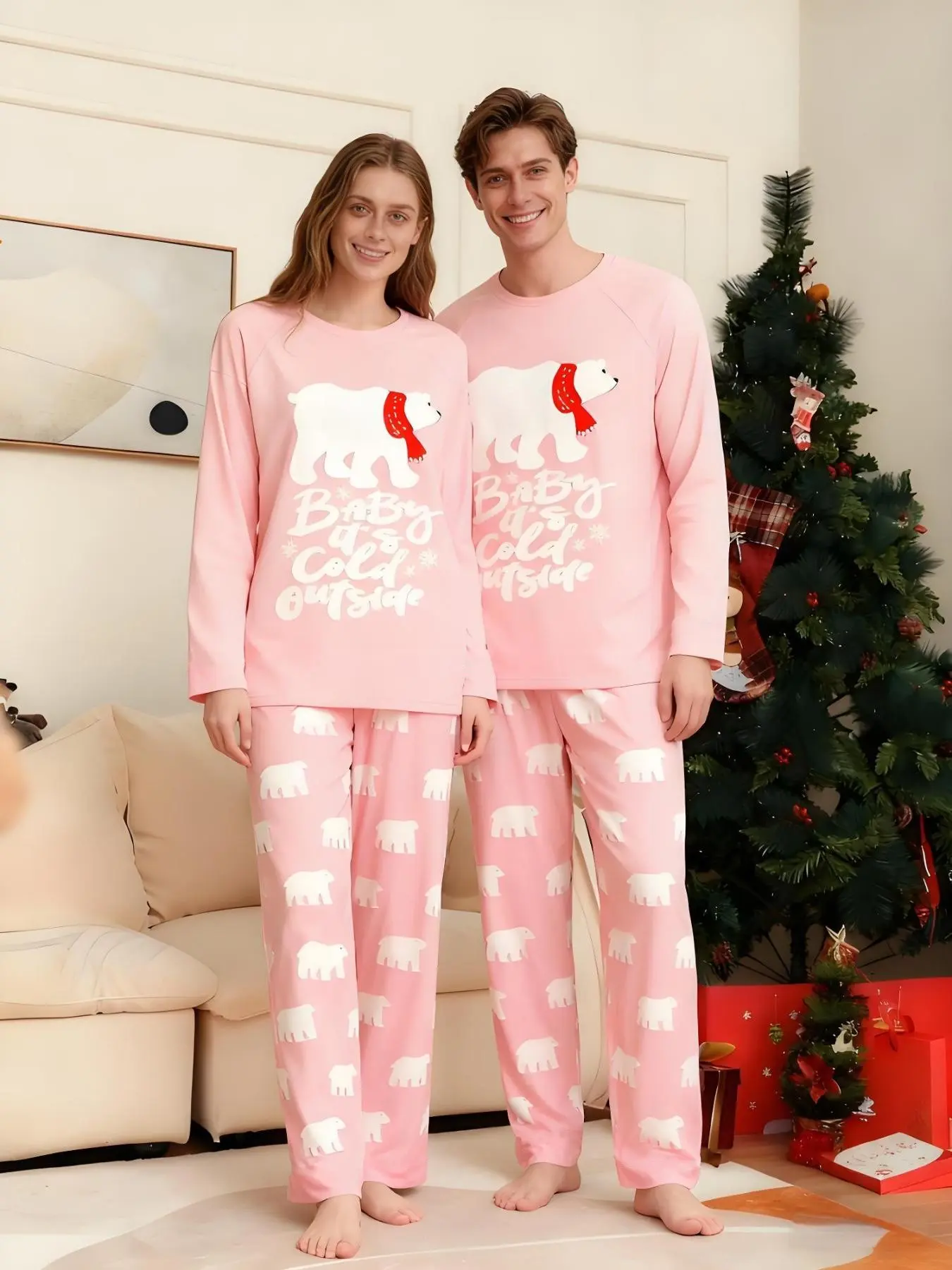 Christmas couple pajama set, polar bear print pink loungewear, loose men's and women's same holiday parent-child clothing