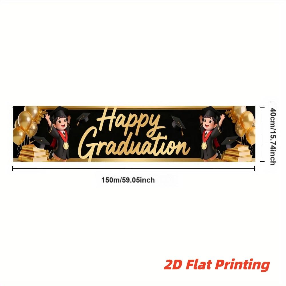 1-pack polyester fiber 2D flat printing 2026 graduation theme background cloth banner + door curtain three-piece set black gold balloon book design suitable for graduation parties, graduation ceremonies, studio shooting, classroom wall decoration