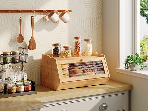 HOOBRO Bread Box, Bamboo Bread Box for Kitchen Countertop, Farmhouse Bread Storage Box with Acrylic Window, Bread Holder with Drop-Down Door, for Food Storage, Natural