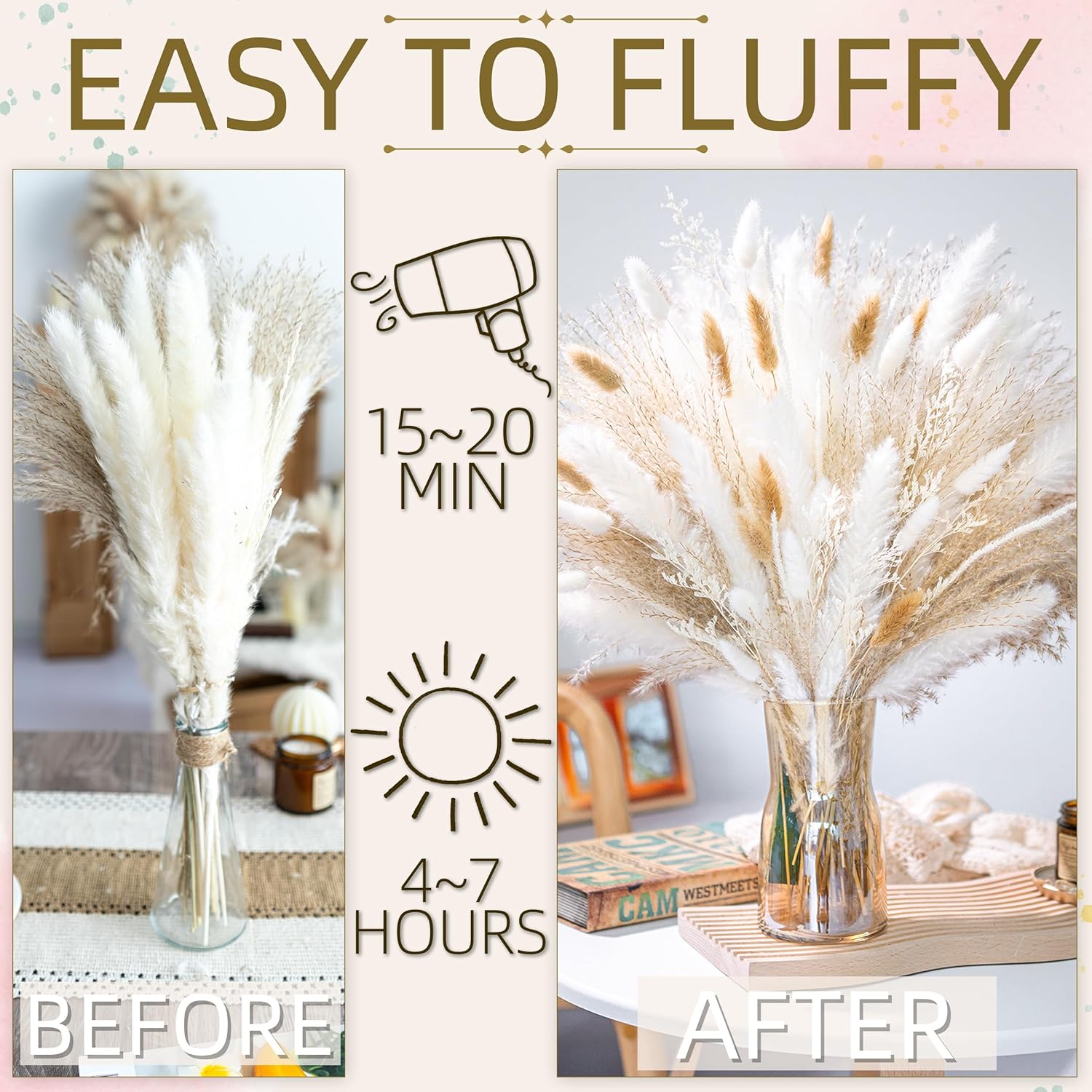 95 PCS Natural Dried Pampas Grass Bouquet - Neutral White & Beige Boho Floral Decor. Perfect for Wedding Centerpieces, Table Arrangements, Rustic Home & Vase Filler