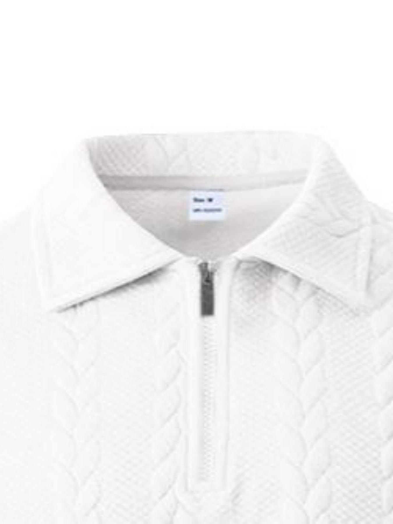 Men's Cable Knit Quarter Zip Polo Sweatshirt, Leather Label Long Sleeve, Casual Pullover, Soft Knit Jumper for Business Casual