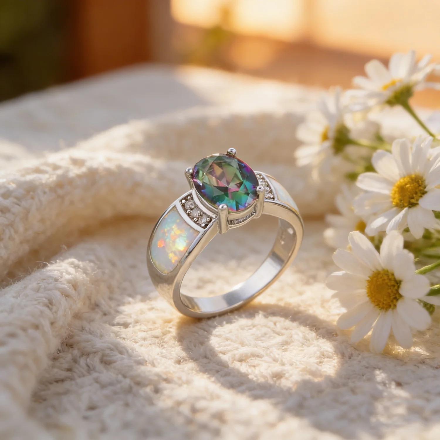 White K Plated Synthetic Fire Opal Colorful Zircon Fashion Jewelry For Women Cocktail Ring Anniversary Gifts for Her