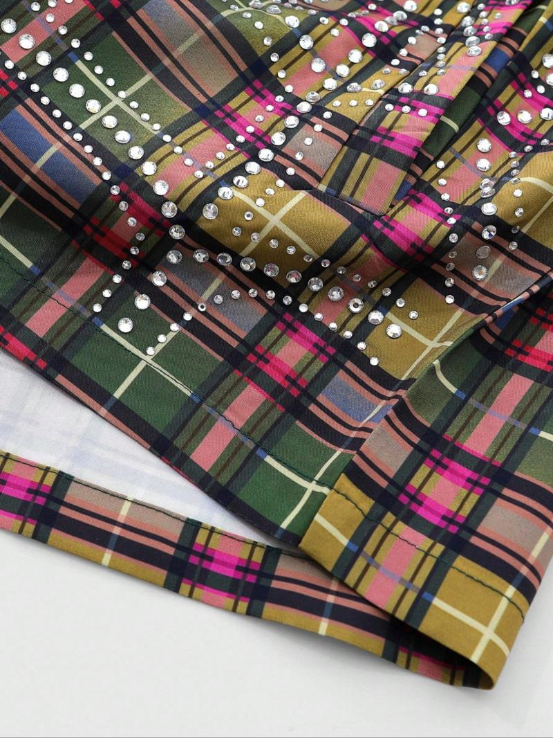 Men's plaid shirt, adorned with rhinestones, long sleeves, American urban style, Casual street style