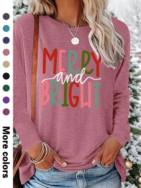 Women's Christmas Casual Letter Print Round Neck Long Sleeve T-Shirt, Comfortable Fabric, Available in 9 Colors, All Seasons Wear