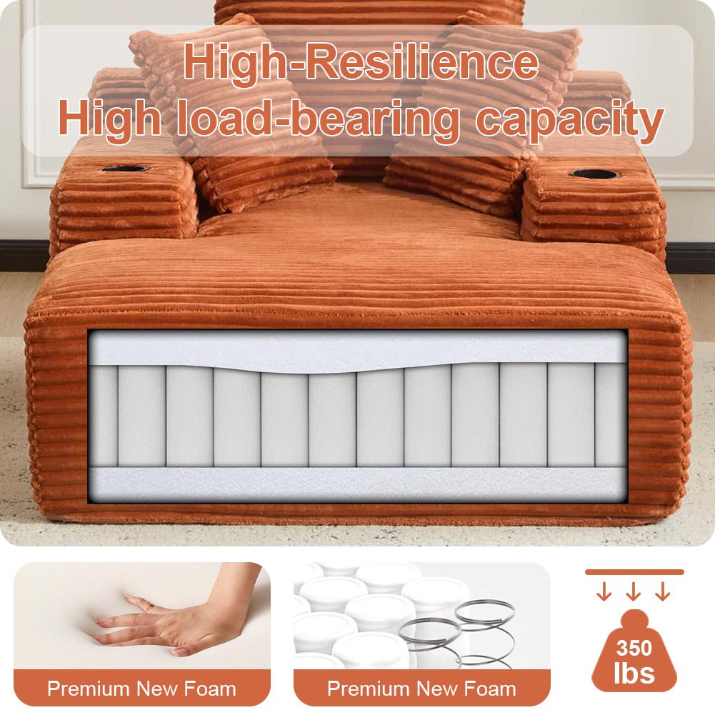 QAK 64‘’ Boneless Chaise Lounge, Upholstered Sofa Bed with Throw Pillows and Armrests, Indoor Sleeper Chair Luxurious Plush Corduroy Chair Bed for Living Room No Assembly Required