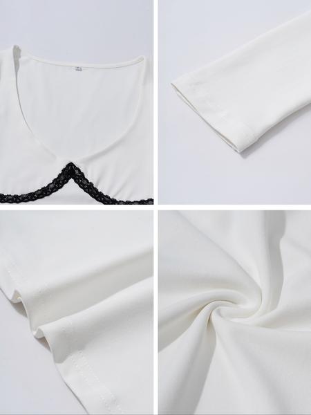 Women's Sexy Deep V Lace Patchwork Long Sleeve Top, Autumn Winter Casual Fashion, Slim Fit Women's Clothing for Daily Wear