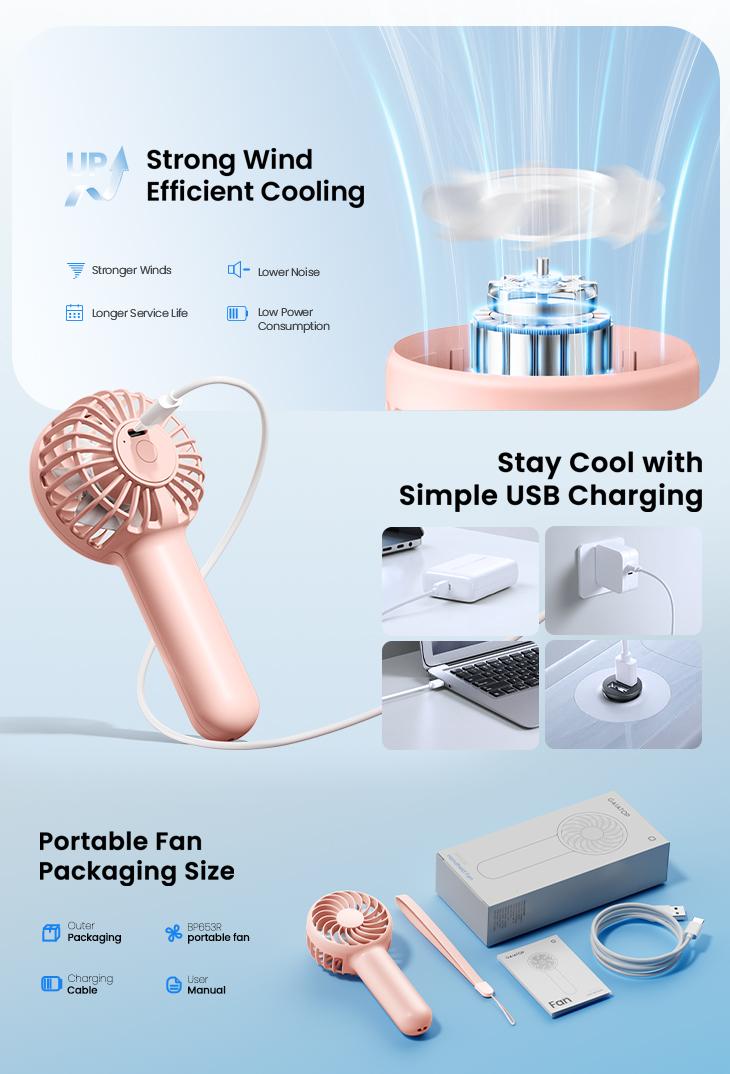 GAIATOP Mini Portable Fan, 3-Speed Powerful Handheld Fan, Cute 2000mAh Battery-Operated Design, Small Personal Fan, USB Rechargeable Makeup Eyelash Fan, Travel Essential for Women & Girls Fans   Valentine's Day gift