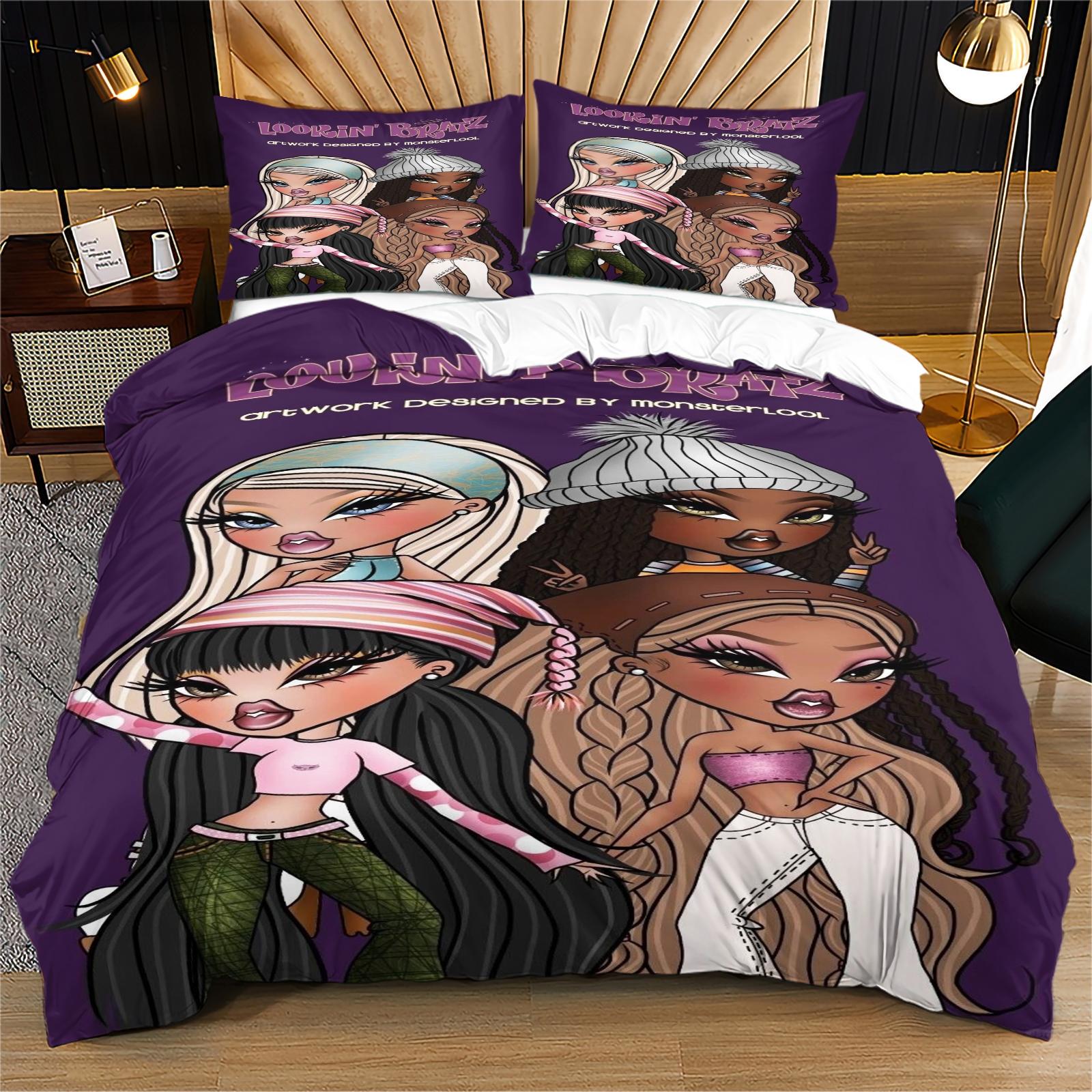 Bratz Pattern Printed Soft Durable Bedding Set, Includes 1 Fitted Sheet and 1 or 2 Pillowcases, Excluding The Core And Pillow Core, Modern Style Bedroom Decor Gift