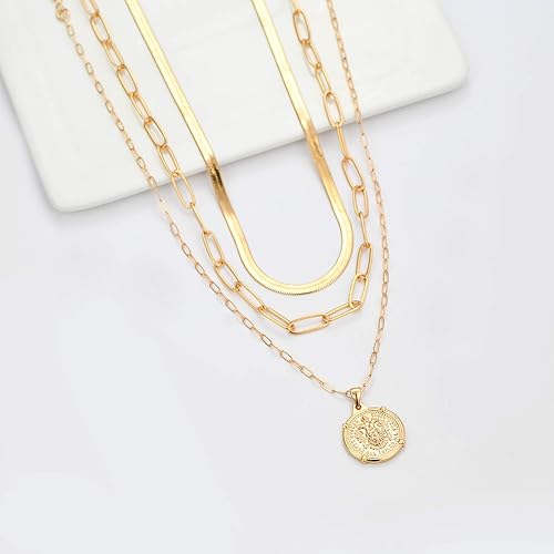 3PCS Gold Layered Necklaces for Women – Coin Pendant, Herringbone & Paperclip Chains – Trendy 14K Gold Plated Set