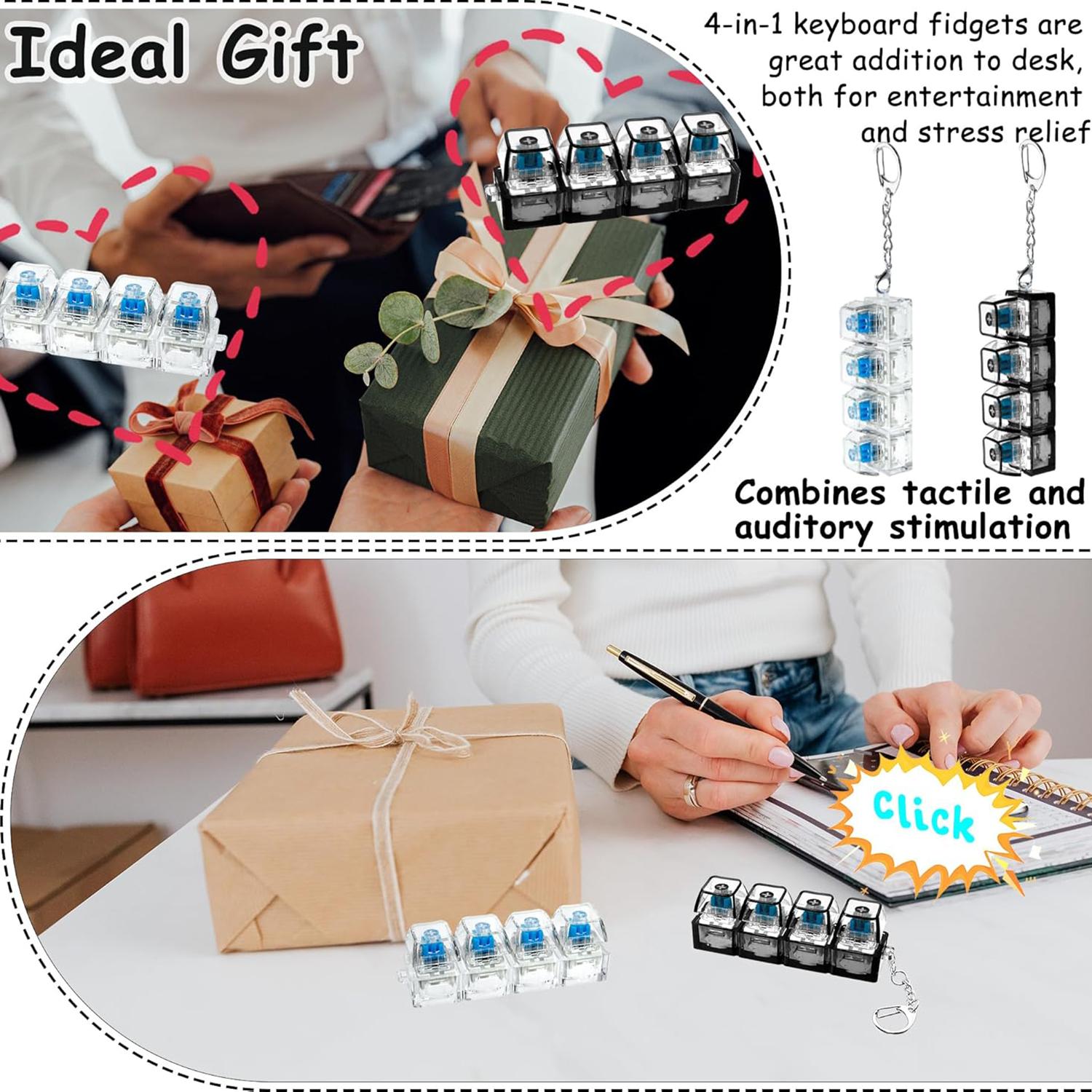 Keyboard Fidget Toy Keychain, 4-in-1 Stress-Relief Button Keychain, Glow-in-the-Dark & Non-Glow Options, Transparent Style