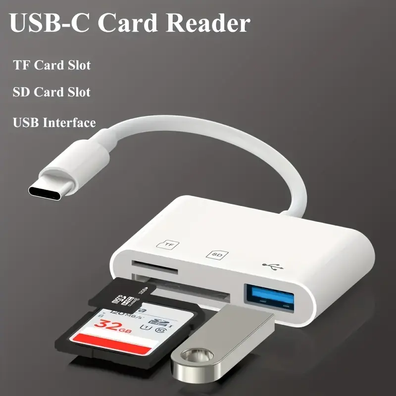 3-in-1 Portable Mini Multi-Port USB-C Wired Card Reader - Type C, USB, Micro SD/TF Adapter, OTG Data Cable, Camera Storage Transfer Tool, Universal for iOS/Android, Windows Laptops, Usb-C Wired Card Readers
