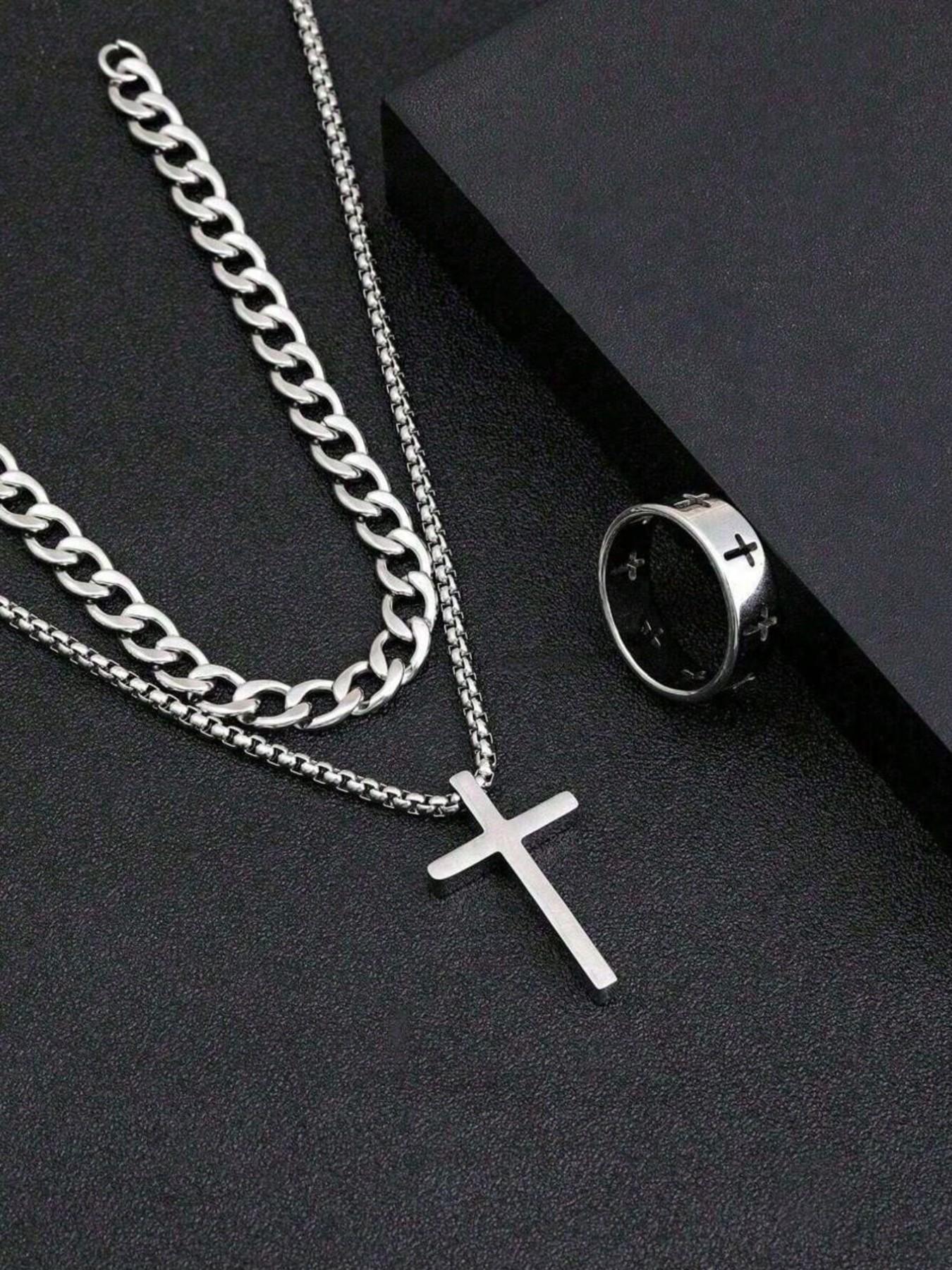3pcs Teen Fashion Multi-Functional Stainless Steel Jewelry Accessories Set, Trendy Jewelry Set, Cross Necklace Bracelet Ring, Perfect Gift, Jewelry for Teens, Accessory Set