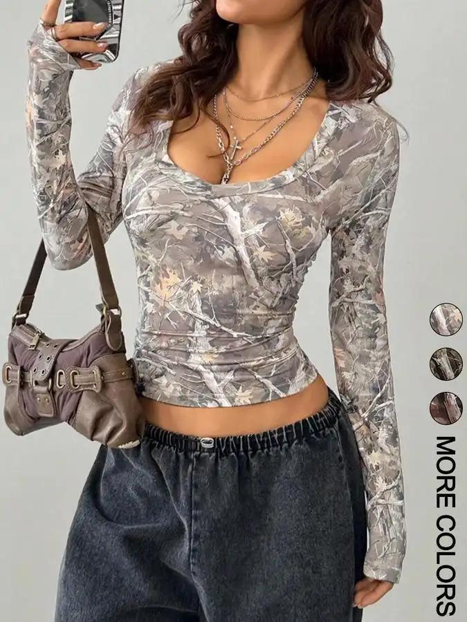 Women's Camouflage Print V Neck Tee, Casual Slim-fitting Long Sleeve T-shirt for Summer, Women's Top for Daily Wear, Lady