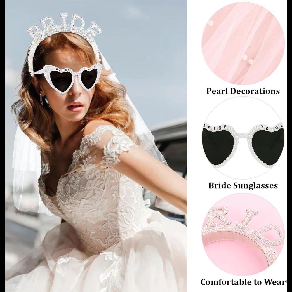 3pcs Pearl Headband Bride Veil Heart Sunglasses for Bachelorette Party Supplies Bride Accessories Wedding Bridal Shower Gifts
