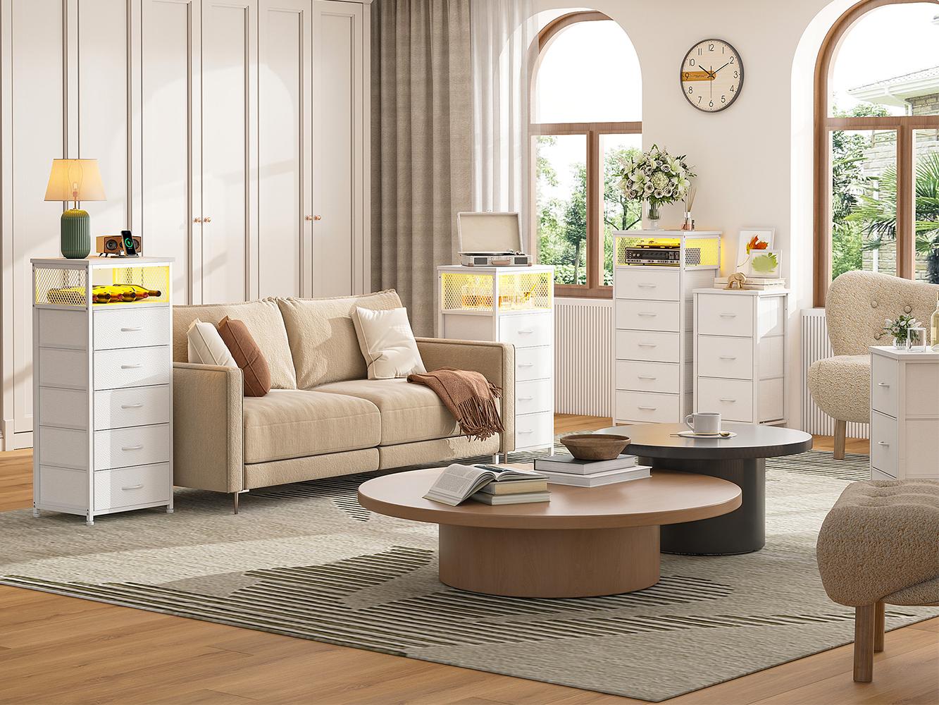 Night Stand Set 2 with Charging Station, Tall Nightstand with 5 Dresser Drawers, LED Nightstands with USB Ports & Outlets, Nightstand with Hooks, Night Stands with Storage Shelf, Bedroom