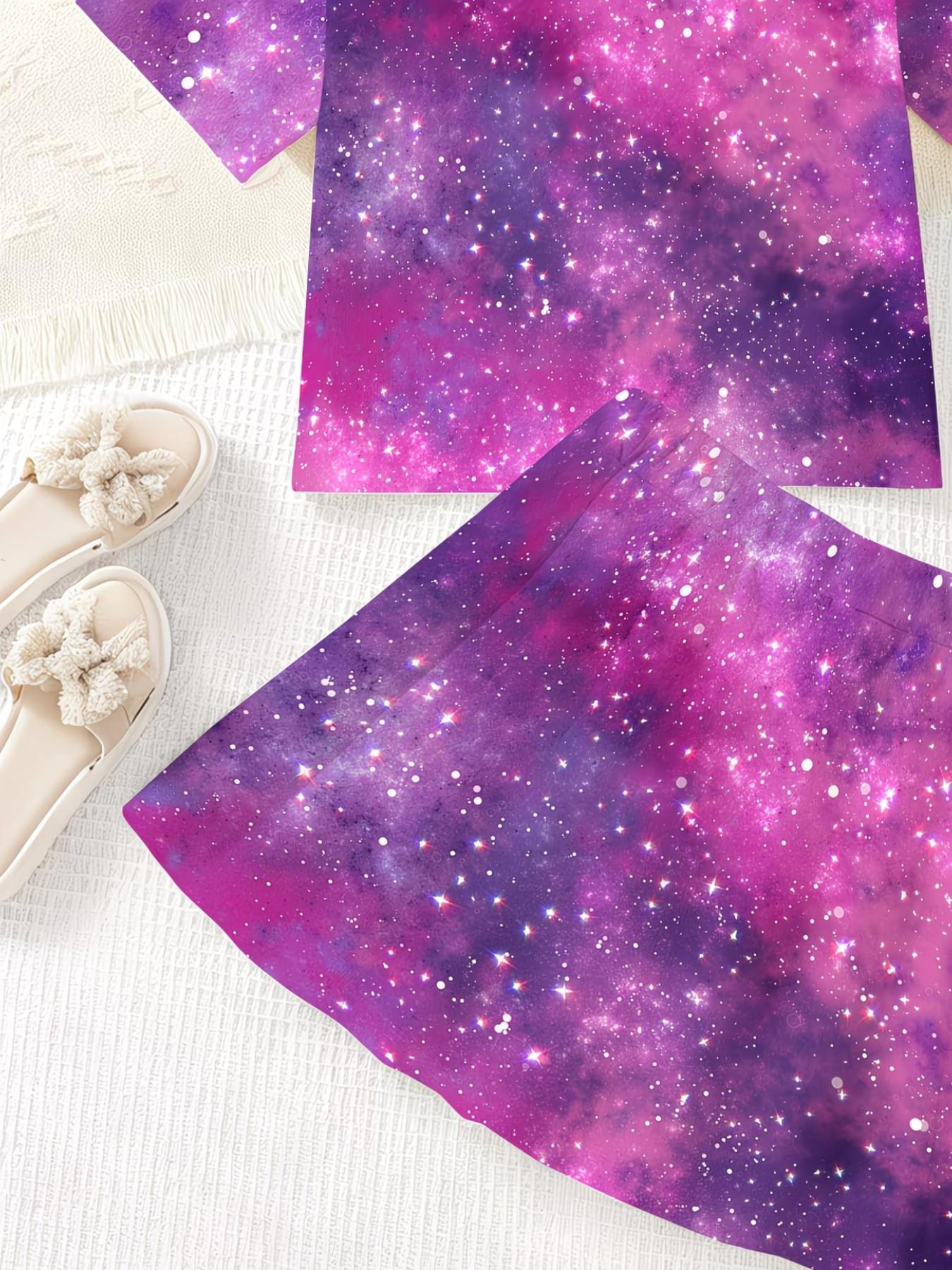 Girls' 3D Unicorn Print Top and Skirt Set, Casual Summer, Slim-Fitting Round Neck Short Sleeve, All over Print, Two-Piece Set