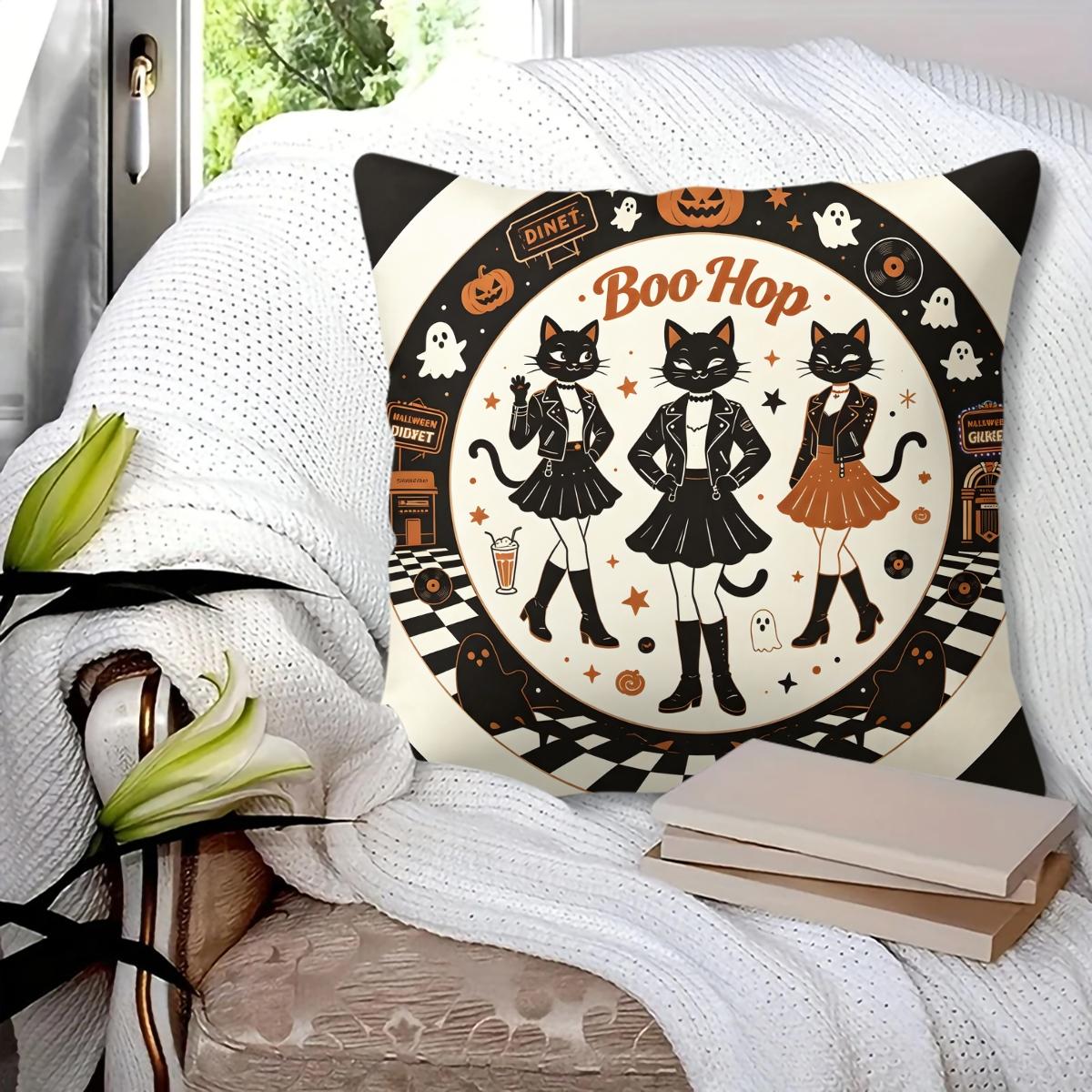 Spooky Halloween Ghost Throw Pillow, featuring bat, bare tree and crescent moon night print, soft durable decorative pillow perfect for sofa, couch, bedroom, living room halloween party decor, comes with pillow insert