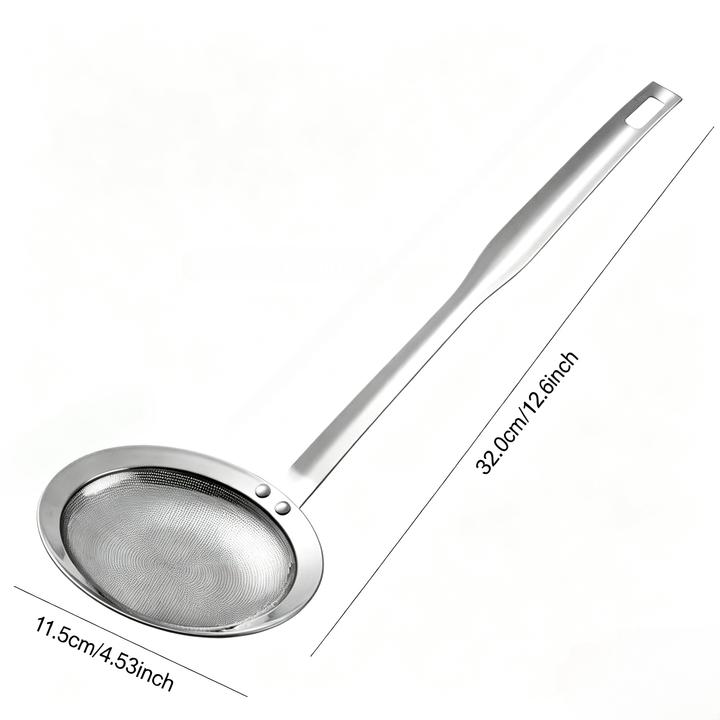 Multi-Use Stainless Steel Fine Mesh Strainer Ladle, Anti-Scald Long Handle Skimmer for Oil, Broth, and Food Residue, Ideal for Home Cooking and Frying
