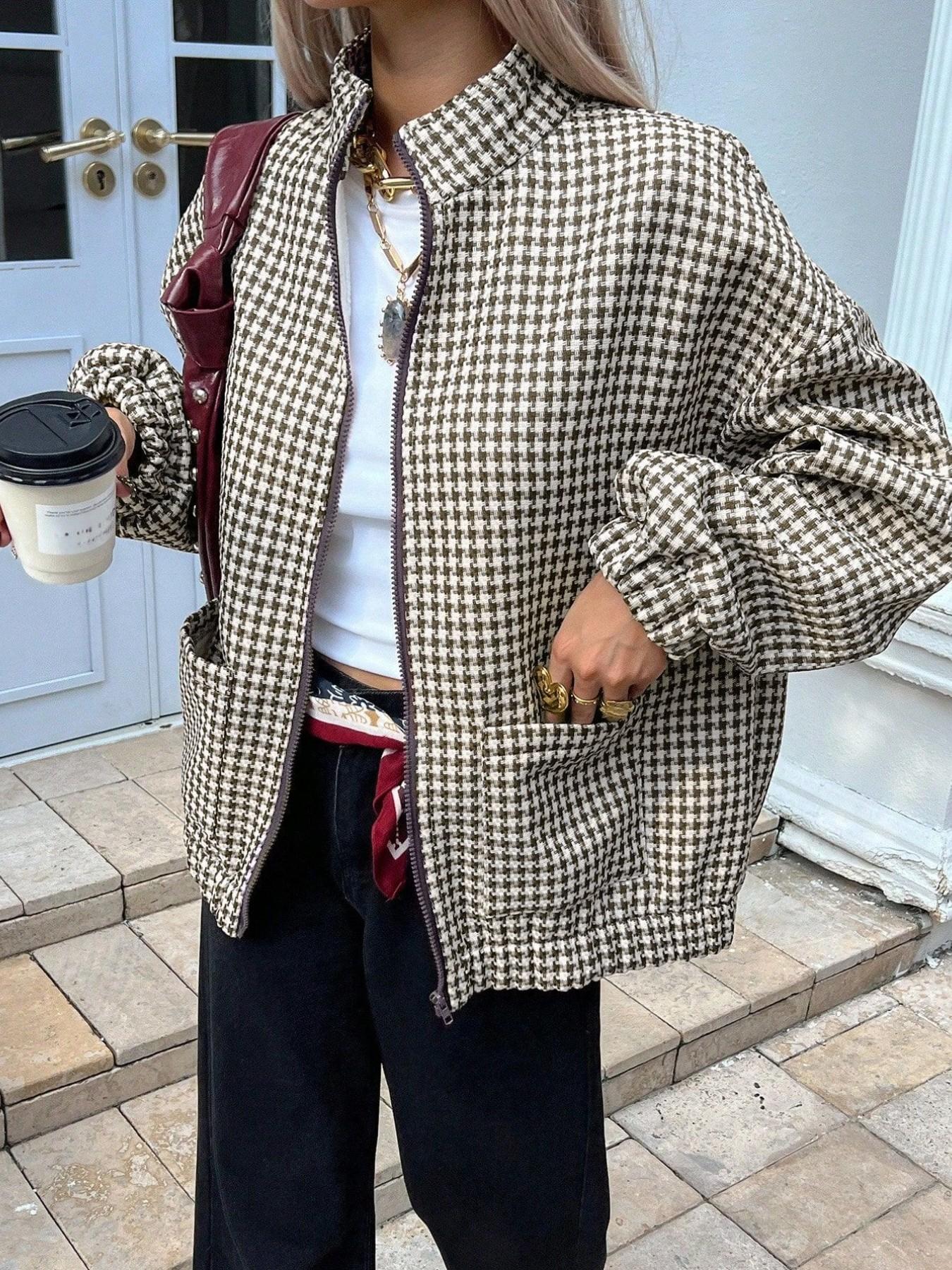 Women's Houndstooth Zippered Stand Collar Loose Fit Jacket, Casual Fall & Winter Outerwear, Plain Surface, Full Placket Top